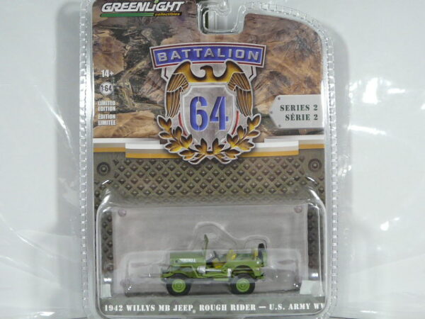 CLÁSICO TODOTERRENO 4X4 NUEVO EN MINIATURA A ESCALA APROXIMADA 1/64 DE LA EDICIÓN ESPECIAL Y LIMITADA DE BATTALIION 64. VISTA FRONTAL. BLISTER.